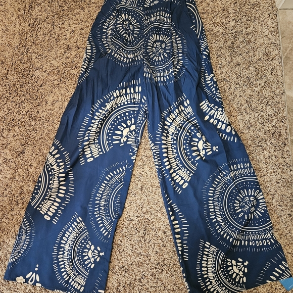 Cupshe Pants - Cupshe Blue and Cream Wide Leg Pants
